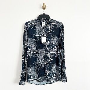 NEW Zara Navy Peacock Print Slim Fit Mandarin Collar Button Down Blouse Size S